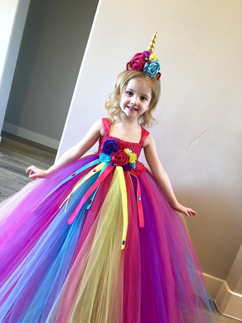 Girls Rainbow Unicorn Flower Tutu Dress Kids Crochet Tulle