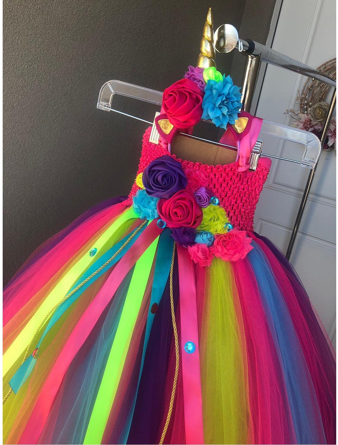 Girls Rainbow Unicorn Flower Tutu Dress Kids Crochet Tulle