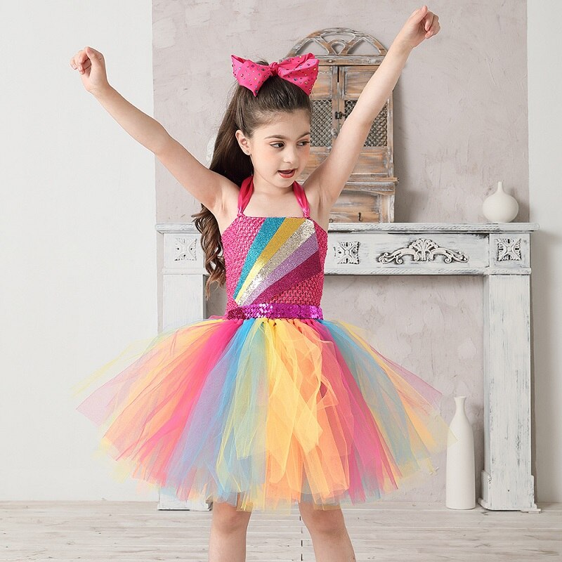 Jojo Siwa Tutu Dress with Hair  Rainbow Girls Princess Dress