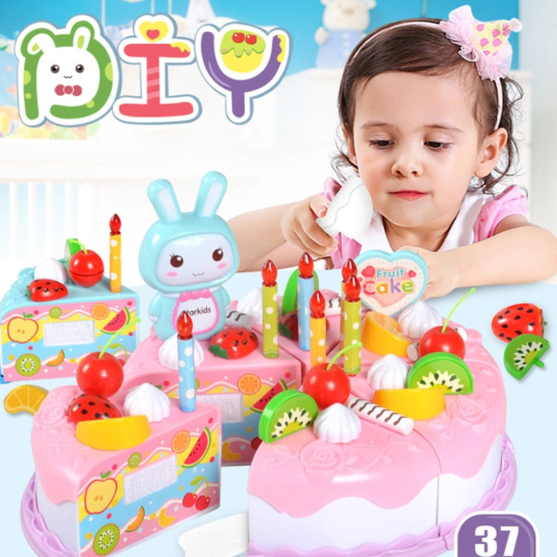 Pretend to play with kitchen toys fruit birthday cake