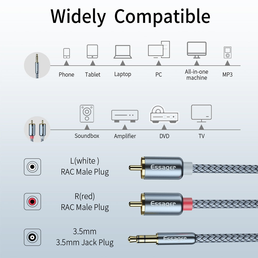 Essager RCA Audio Cable Jack 3.5 to 2 RCA Cable